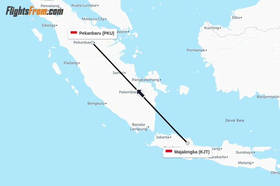 Flights from Majalengka to Pekanbaru route map