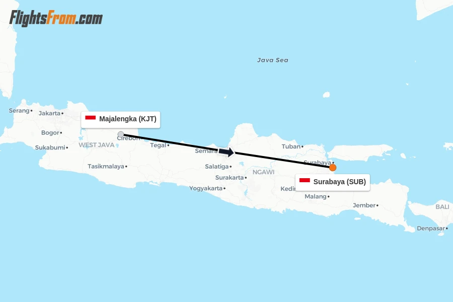 Flights from Majalengka to Surabaya route map