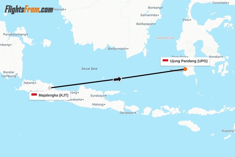 Flights from Majalengka to Ujung Pandang route map