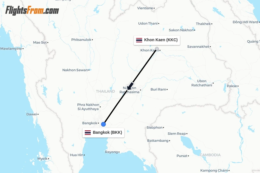 Flights from Khon Kaen to Bangkok route map