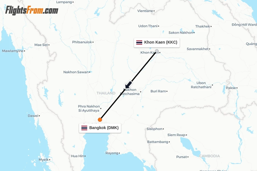 Flights from Khon Kaen to Bangkok route map