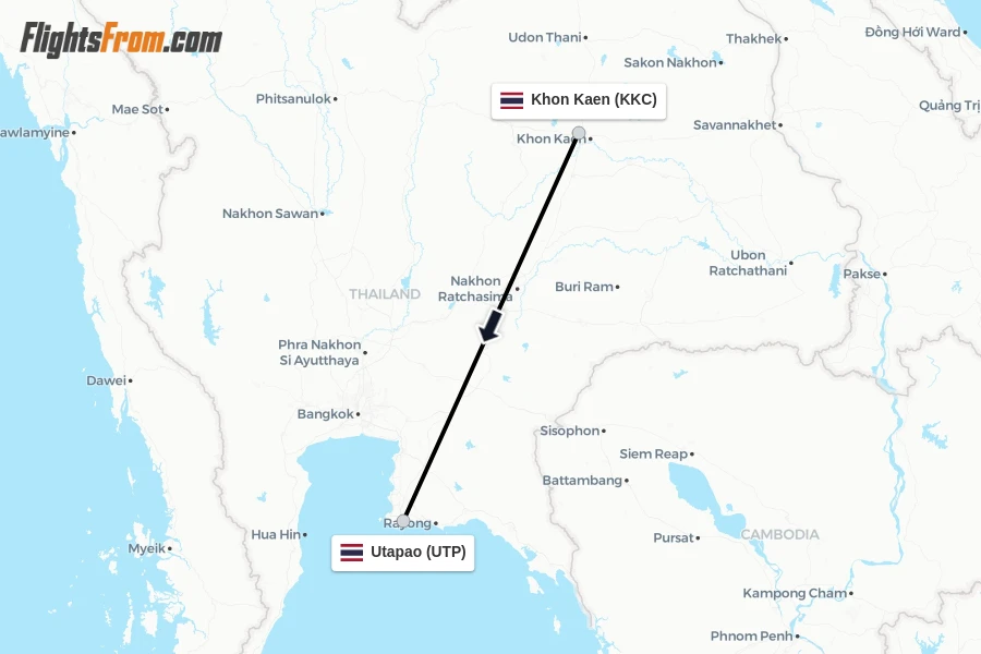Flights from Khon Kaen to Utapao route map