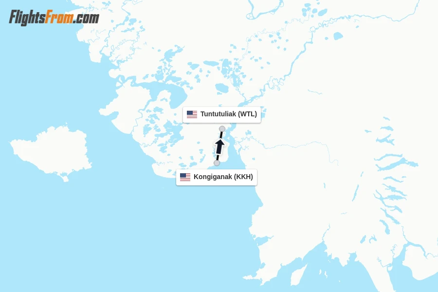 Flights from Kongiganak to Tuntutuliak route map