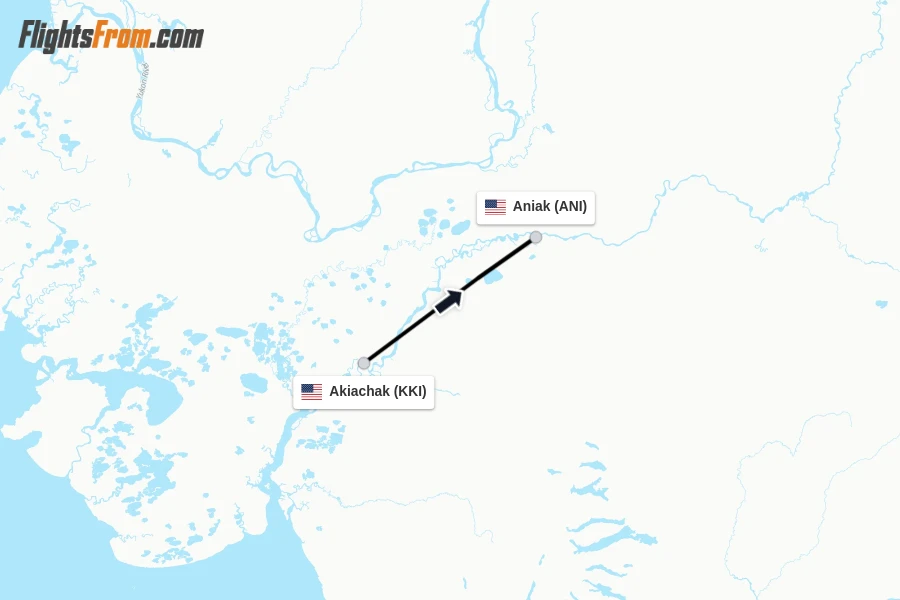 Flights from Akiachak to Aniak route map