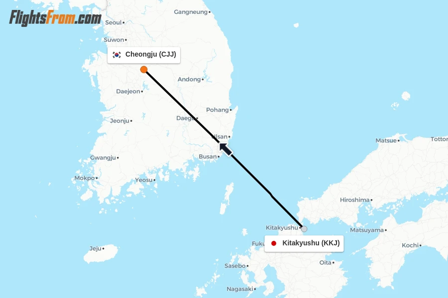 Flights from Kitakyushu to Cheongju route map