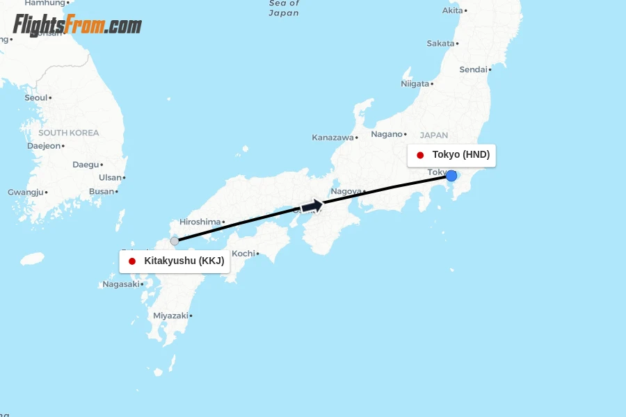 Flights from Kitakyushu to Tokyo route map