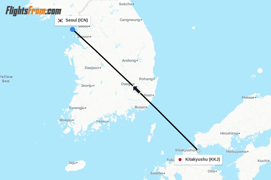 Flights from Kitakyushu to Seoul route map