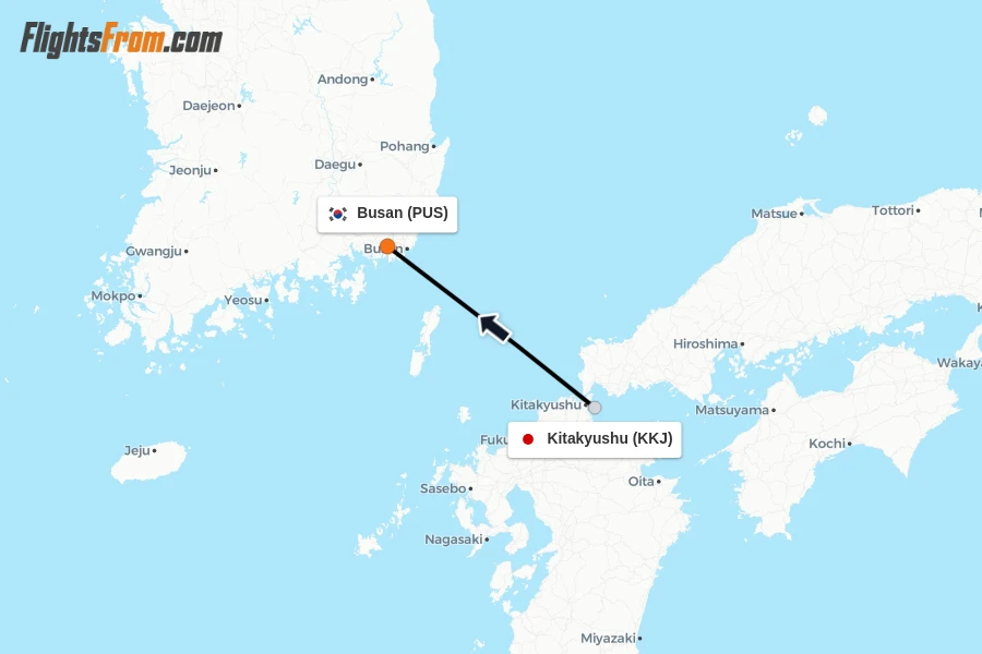 Flights from Kitakyushu to Busan route map
