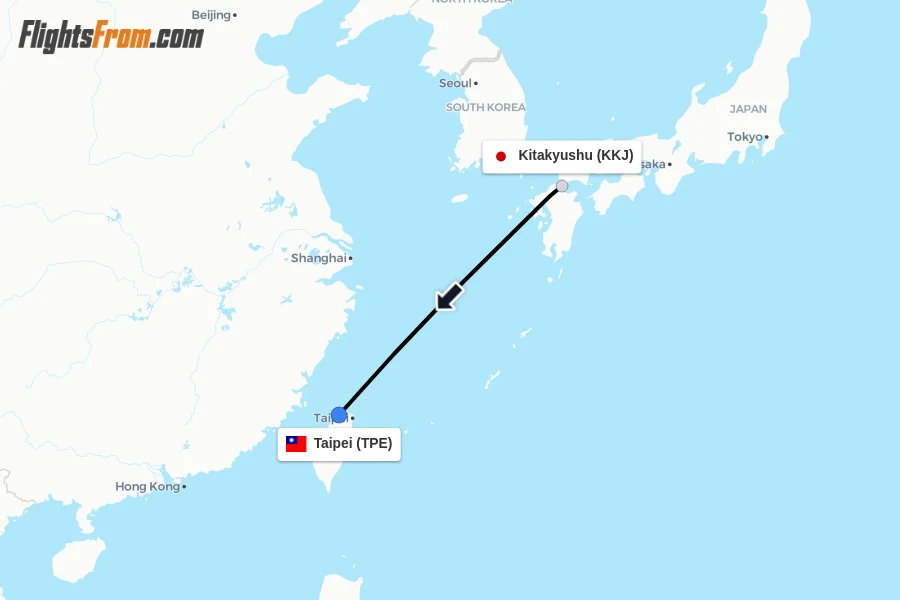 Flights from Kitakyushu to Taipei route map