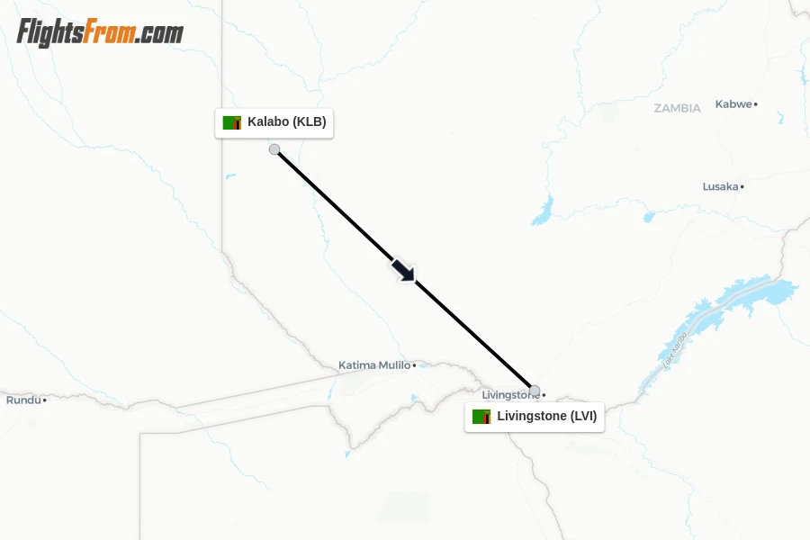 Flights from Kalabo to Livingstone route map