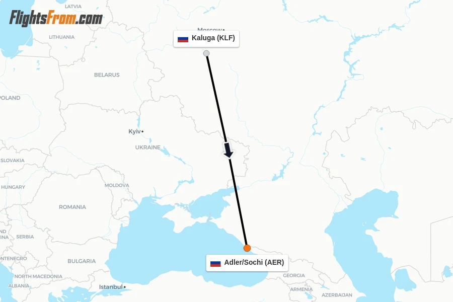Flights from Kaluga to Adler/Sochi route map
