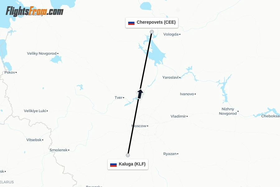 Flights from Kaluga to Cherepovets route map