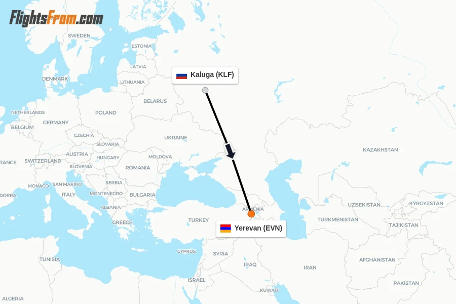 Flights from Kaluga to Yerevan route map