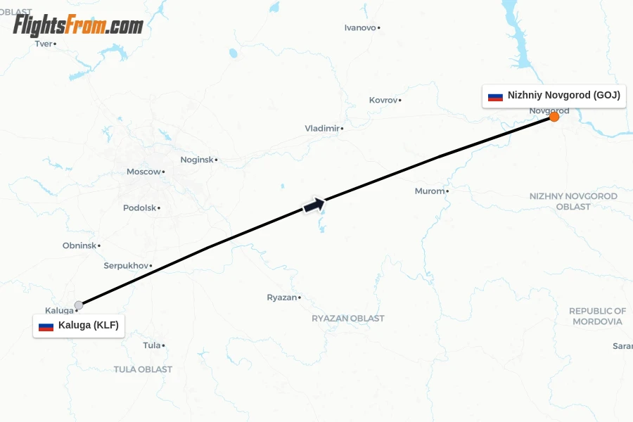 Flights from Kaluga to Nizhniy Novgorod route map