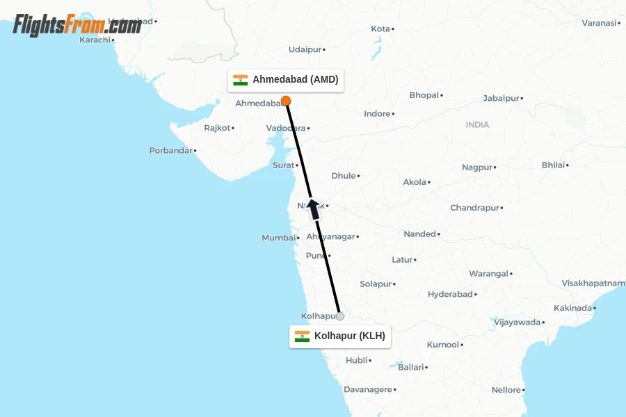 Flights from Kolhapur to Ahmedabad route map