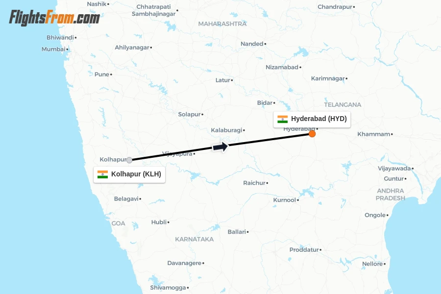 Flights from Kolhapur to Hyderabad route map