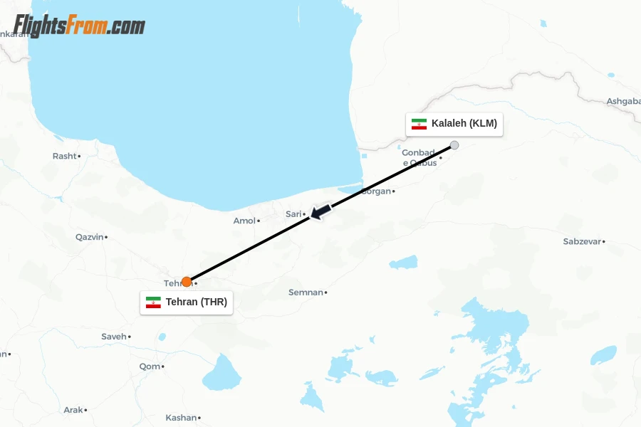 Flights from Kalaleh to Tehran route map