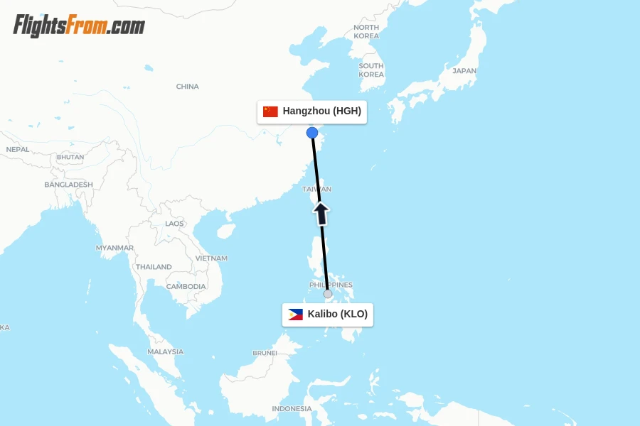 Flights from Kalibo to Hangzhou route map