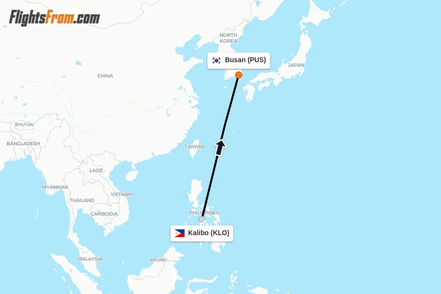 Flights from Kalibo to Busan route map