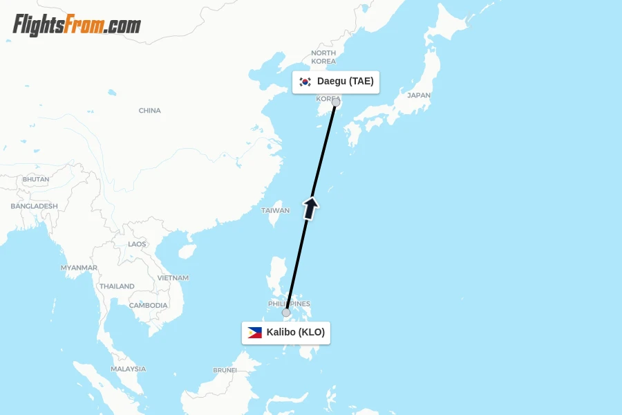 Flights from Kalibo to Daegu route map