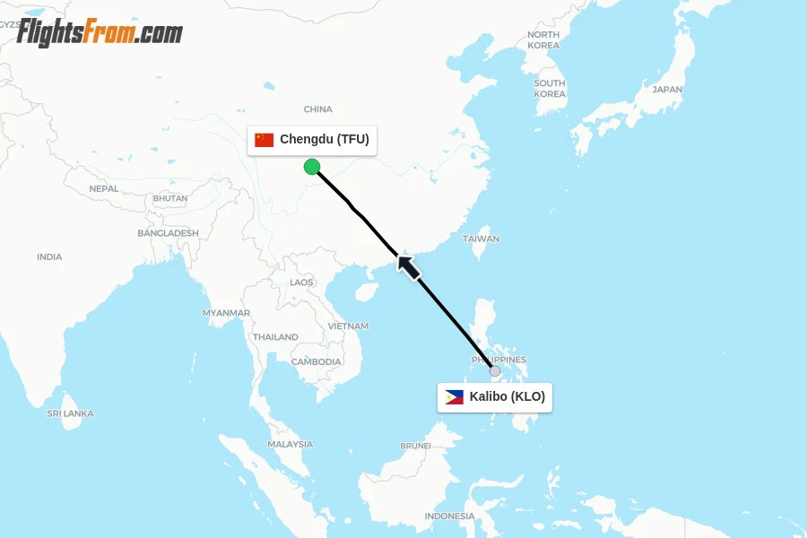 Flights from Kalibo to Chengdu route map