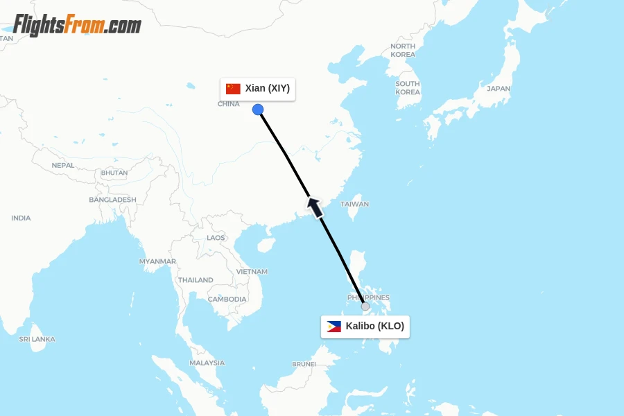 Flights from Kalibo to Xian route map