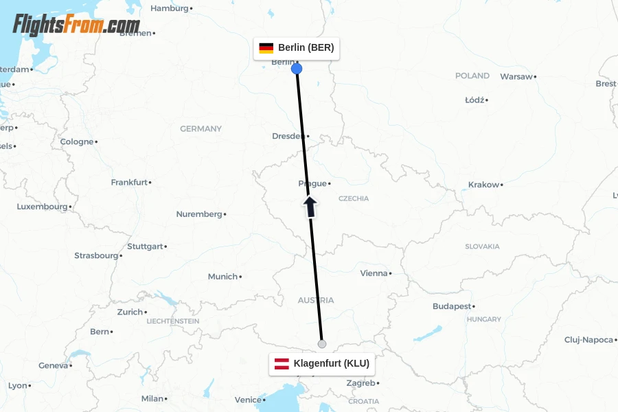 Flights from Klagenfurt to Berlin route map