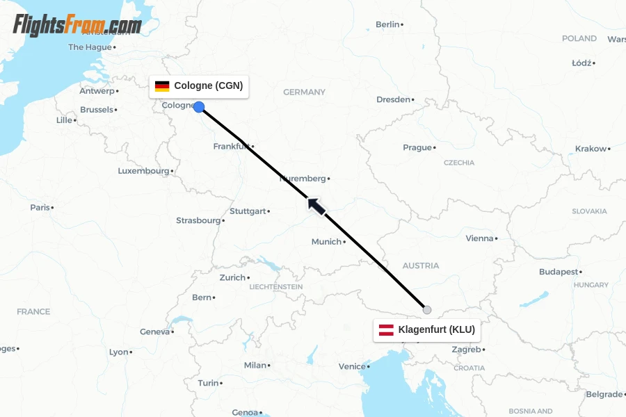 Flights from Klagenfurt to Cologne route map