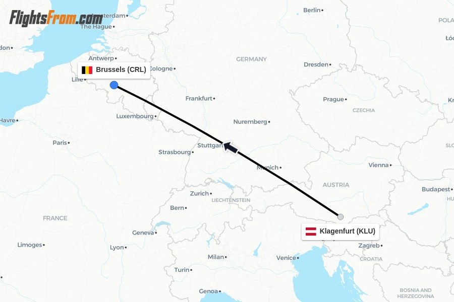 Flights from Klagenfurt to Brussels route map