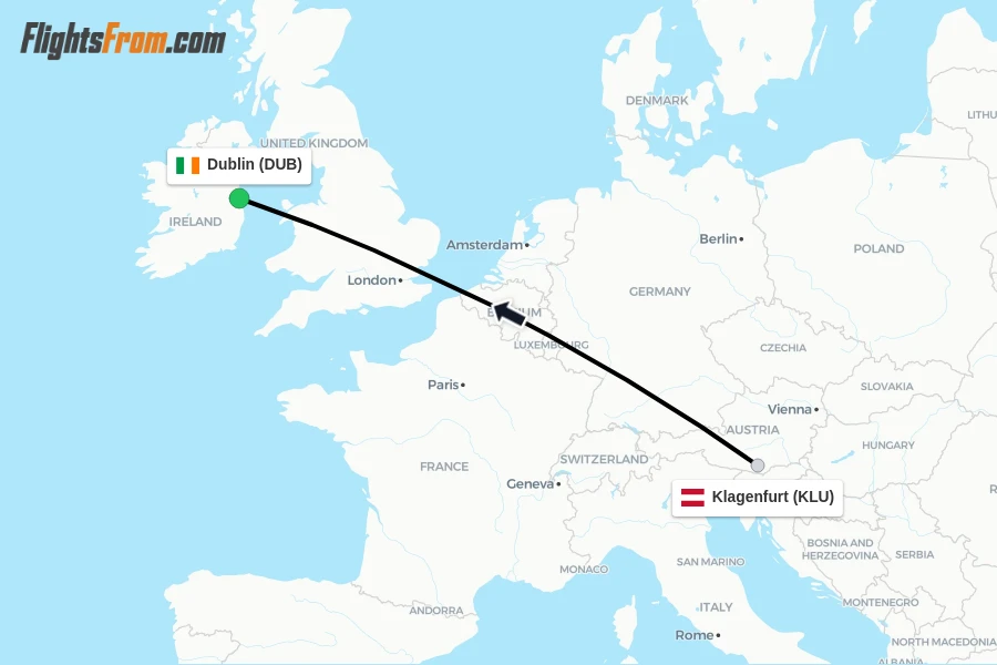 Flights from Klagenfurt to Dublin route map