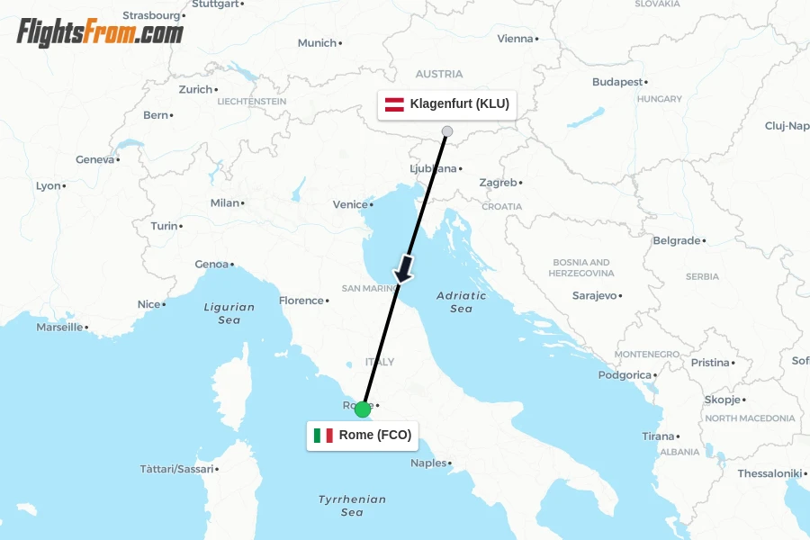 Flights from Klagenfurt to Rome route map