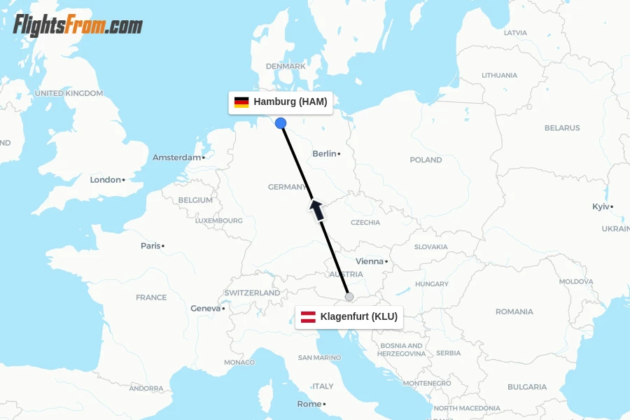Flights from Klagenfurt to Hamburg route map