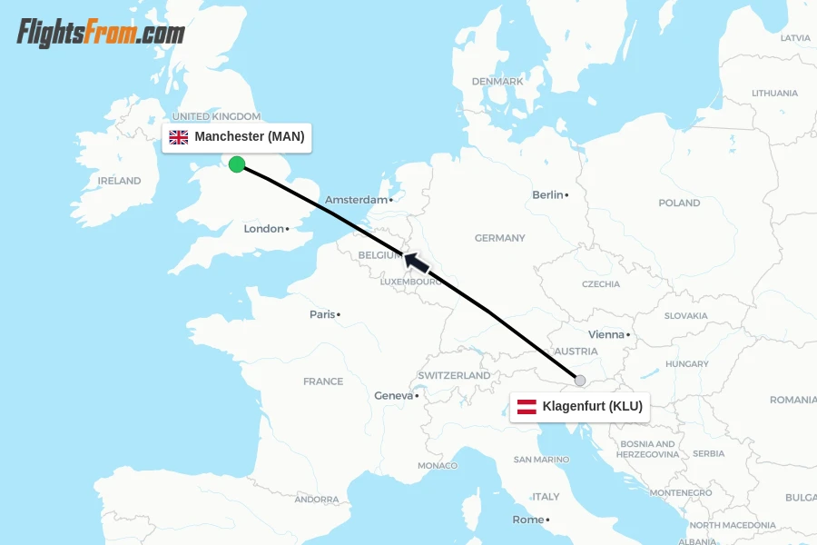 Flights from Klagenfurt to Manchester route map
