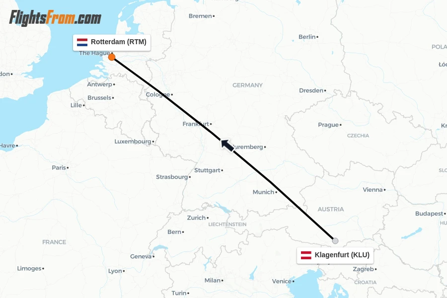 Flights from Klagenfurt to Rotterdam route map