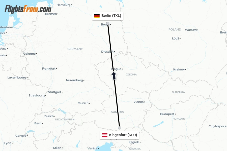 Flights from Klagenfurt to Berlin route map
