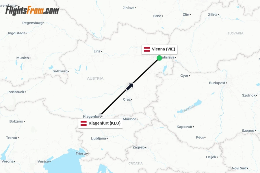 Flights from Klagenfurt to Vienna route map