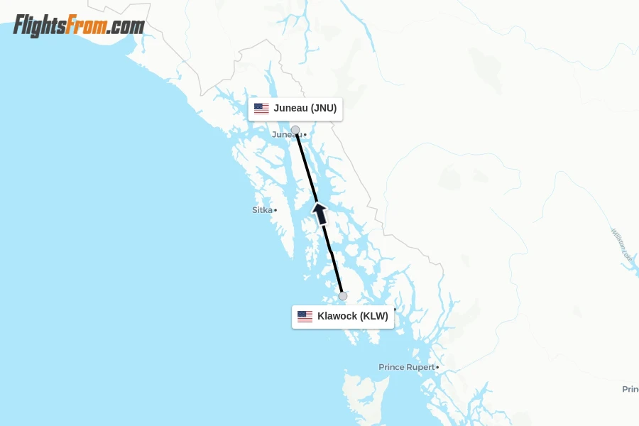 Flights from Klawock to Juneau route map