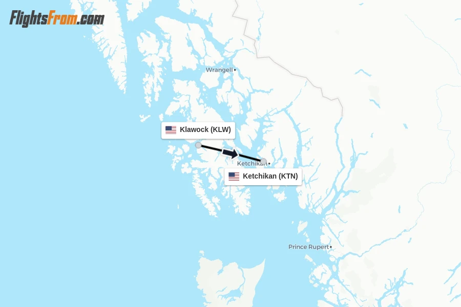 Flights from Klawock to Ketchikan route map