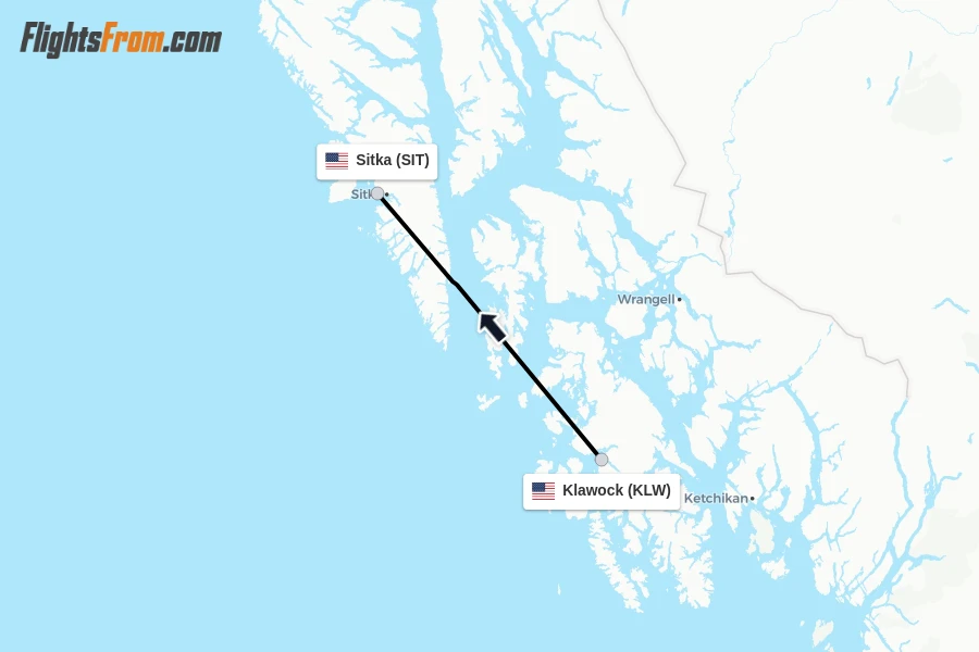 Flights from Klawock to Sitka route map