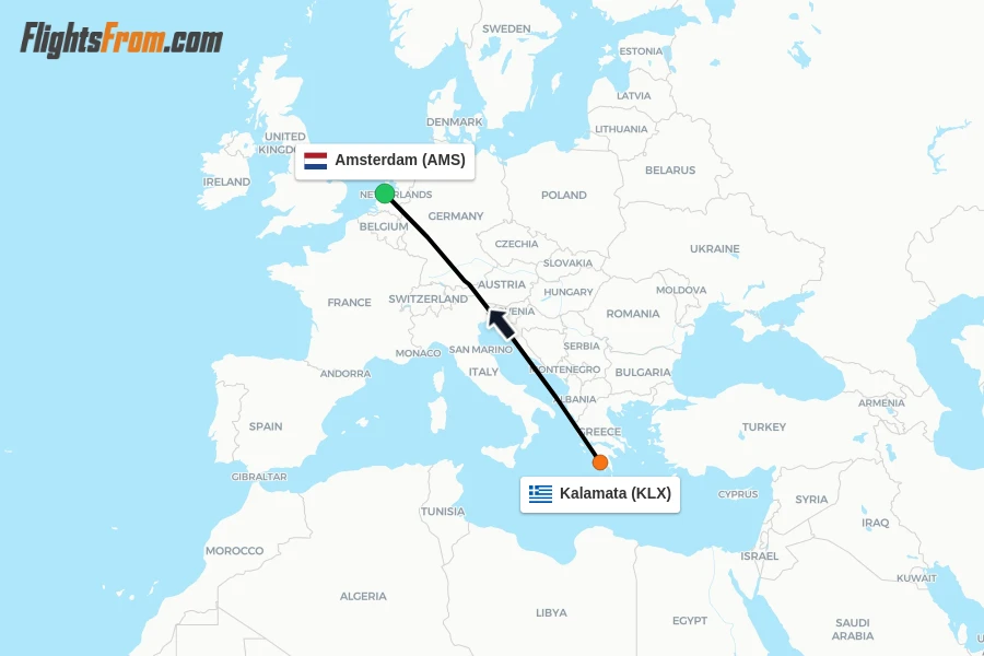 Flights from Kalamata to Amsterdam route map