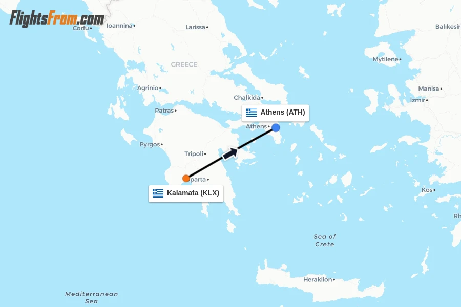 Flights from Kalamata to Athens route map