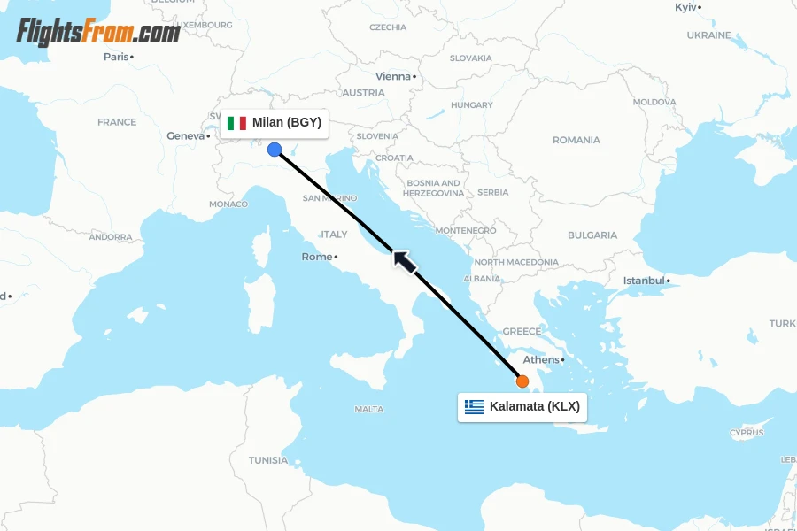 Flights from Kalamata to Milan route map