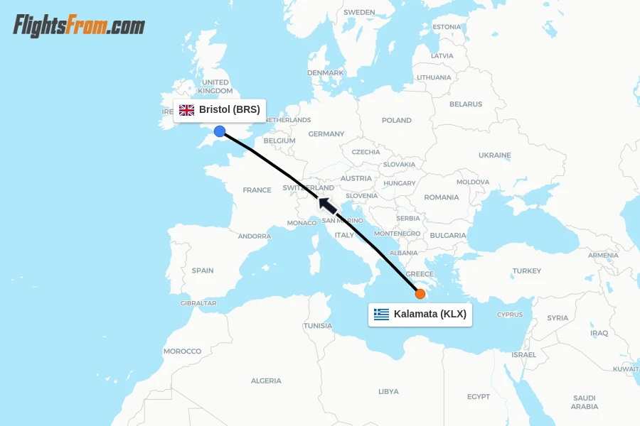 Flights from Kalamata to Bristol route map
