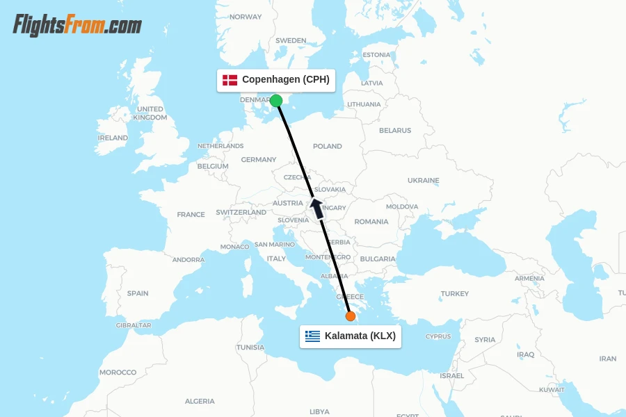Flights from Kalamata to Copenhagen route map