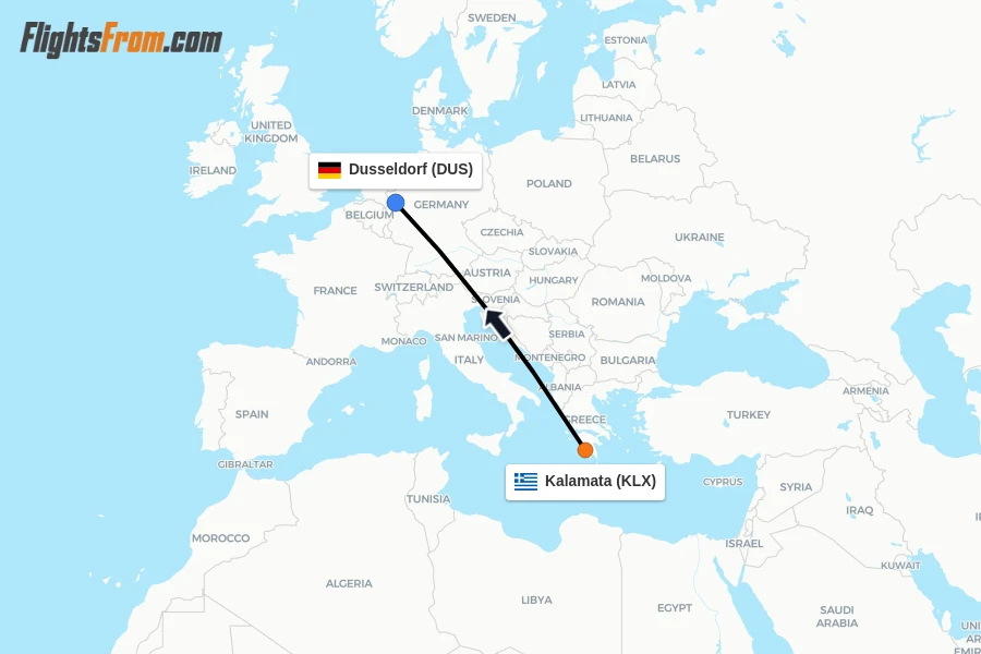 Flights from Kalamata to Dusseldorf route map