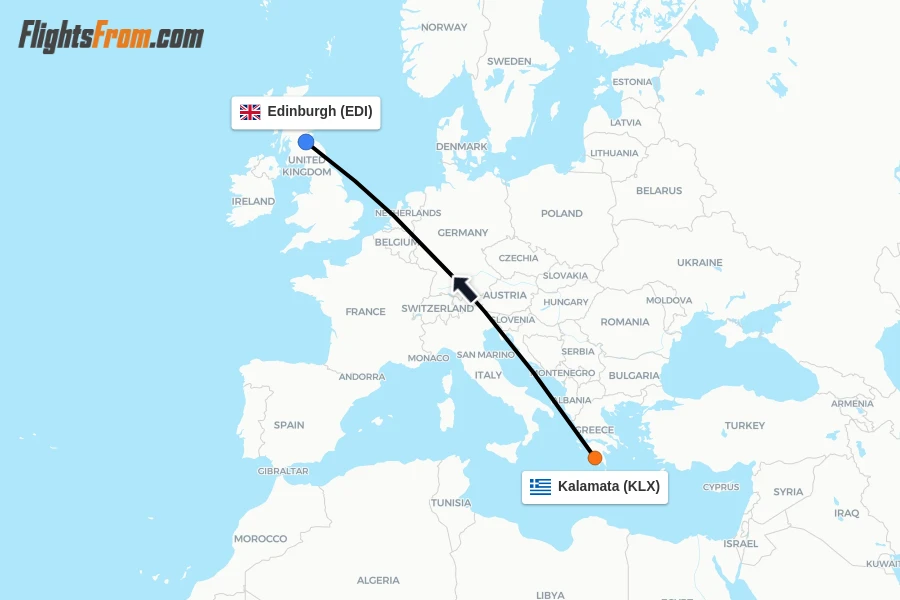 Flights from Kalamata to Edinburgh route map