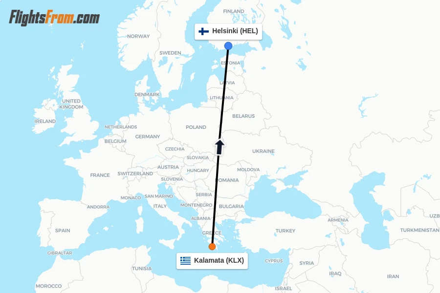 Flights from Kalamata to Helsinki route map
