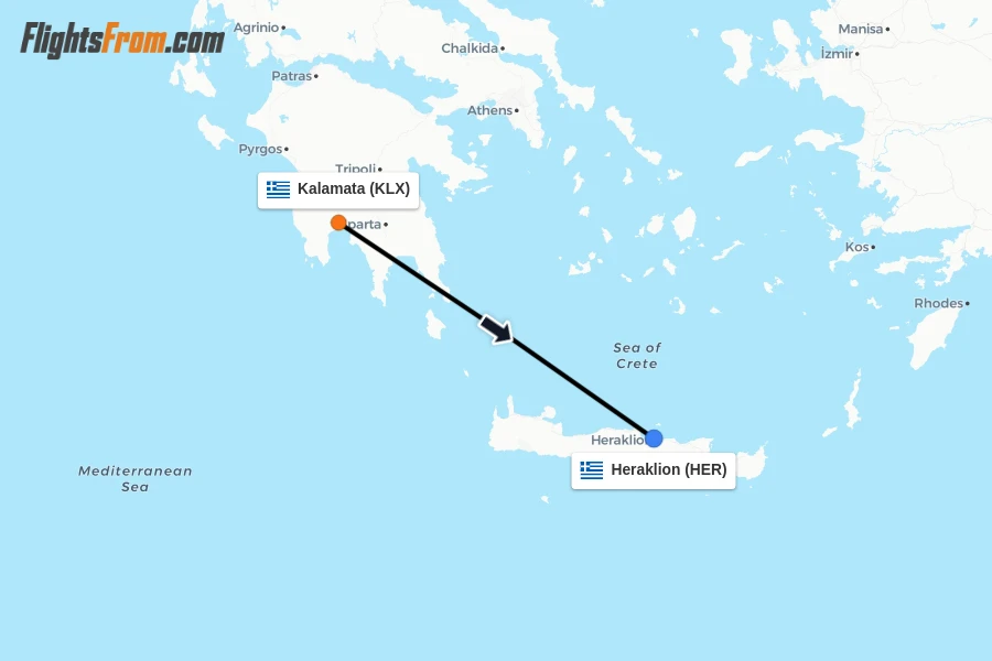 Flights from Kalamata to Heraklion route map