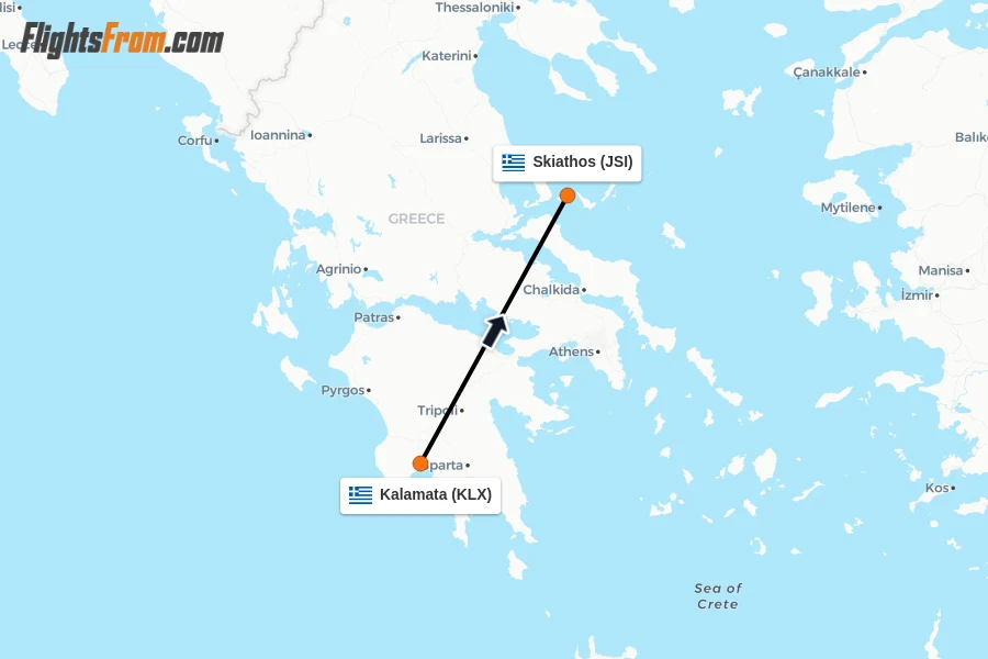 Flights from Kalamata to Skiathos route map