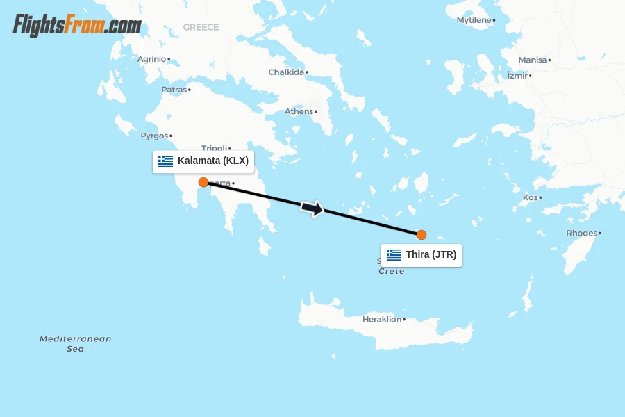 Flights from Kalamata to Thira route map